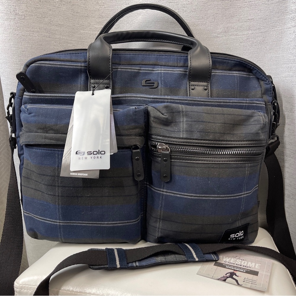 soho new york  Hamish breifcase canvas blue plaid NWT unisex men women.